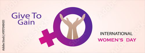 Purple female gender symbol with raised hands and Give To Gain text for International Women’s Day.