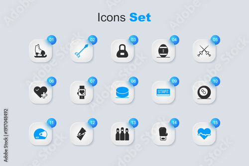 Set Boxing glove, Smart watch with heart, Medieval arrows, Racing helmet, Heart rate, Billiard pool snooker ball, Skates and Hockey puck icon. Vector