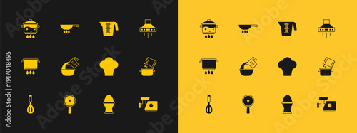 Set Kitchen extractor fan, Frying pan, Chef hat, Chicken egg on stand, Measuring cup bowl, Cooking pot fire and icon. Vector
