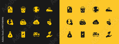 Set Electric car, Mobile phone with leaf, CO2 emissions in cloud, Garbage truck, Water mill, Earth globe, Radioactive waste barrel and Recycle bin icon. Vector