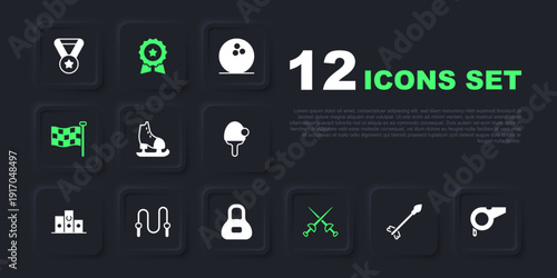 Set Medieval arrows, Whistle, Skates, Fencing, Checkered flag, Jump rope, Medal with star and Weight icon. Vector
