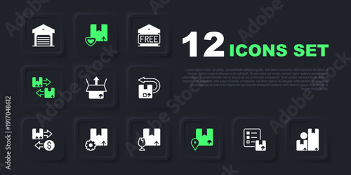 Set Verification of delivery list, Carton cardboard box, Unboxing, Location with, Cardboard traffic symbol, Gear package, Delivery security shield and Package fragile content icon. Vector