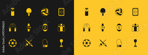 Set Football field, Fencing, American, Boxing glove, Smart watch with heart, Volleyball, Punching bag and Racket icon. Vector