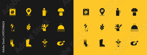 Set Mushroom, Waterproof rubber boot, Bare tree, Corn, Leaf, Thermos container, Calendar with autumn leaves and Location leaf icon. Vector