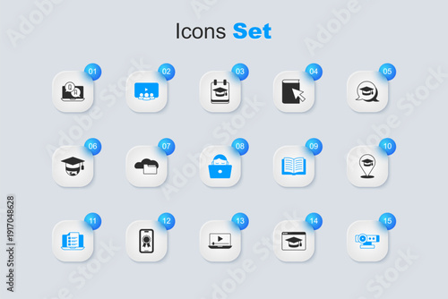 Set Online education, Cloud or online library, class, quiz, test, survey, Web camera, Question and Answer and Student working laptop icon. Vector