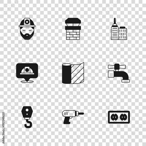 Set Electric drill machine, Water tap, Electrical outlet, Wallpaper, City landscape, Builder, Chimney and Worker safety helmet icon. Vector