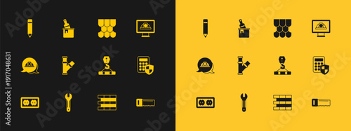 Set Worker safety helmet, Wrench spanner, Crane hook, Bricks, Industry metallic pipe, Roof tile, Pencil with eraser and Paint bucket brush icon. Vector