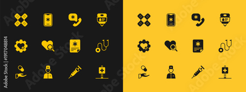 Set IV bag, Male doctor, Patient record, Syringe, Medical heart inspection, Emergency call 911, Crossed bandage plaster and icon. Vector