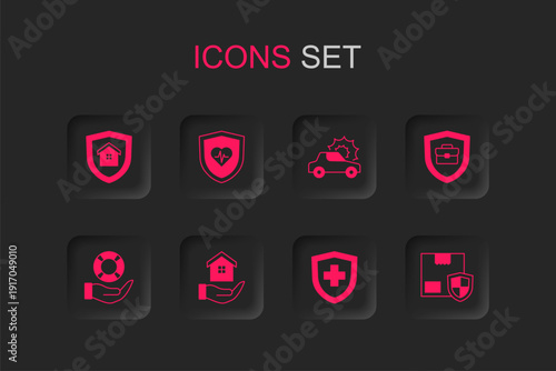 Set House in hand, Life insurance with shield, Briefcase, Delivery security, Car and Lifebuoy icon. Vector