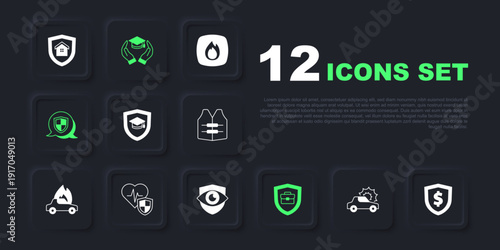 Set Car insurance, Shield with dollar, Graduation cap shield, Briefcase, Life, Education grant and and eye icon. Vector