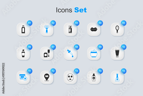 Set Bottle of shampoo, nail polish, Shaving razor, Sunscreen cream tube, Cream lotion cosmetic, and Pipette with oil icon. Vector