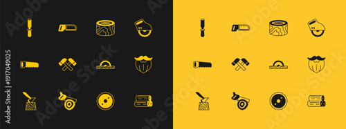 Set Electric circular saw, Hand and log, Circular blade, Crossed hammer, Wooden logs, Chisel tool and Hacksaw icon. Vector