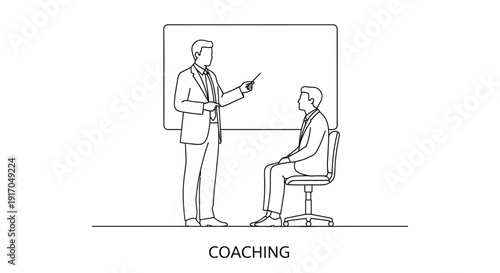 Line drawing depicting a business coach presenting to a seated client