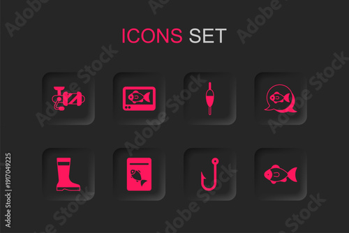 Set Served fish on plate, Fish finder echo sounder, Spinning reel for fishing, Fishing hook, float and boots icon. Vector