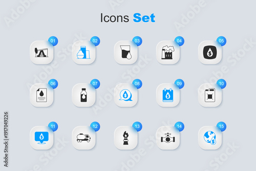 Set Oil pipe with valve, petrol test tube, tank storage, drop dollar symbol, Canister for gasoline, pump pump jack and icon. Vector