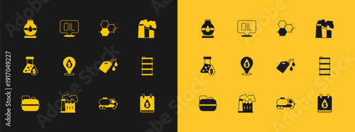 Set Oil and gas industrial factory, Canister for motor machine oil, Tanker truck, drop with dollar symbol, Molecule, tank storage and Word icon. Vector