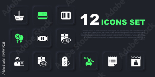 Set Wish list template, Shopping day, Stacks paper money cash, Auction hammer, Discount percent tag, New collection, Credit card and Price with dollar icon. Vector