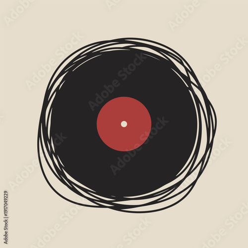 Black vinyl record with red center and scribbled outline on beige background audio circle
