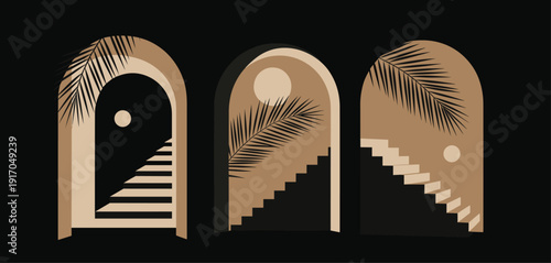 Abstract Arches with Palm Leaves and Stairs in Earth Tones doorway staircase