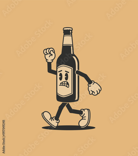 Cartoon bottle of beer running with worried expression on beige background alcohol beverage