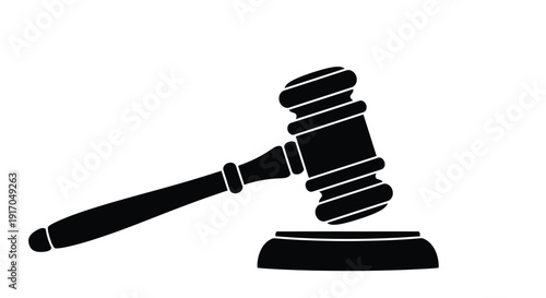 A black silhouette of a classic wooden gavel resting on its sound block