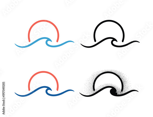 Four stylized icons of a sun setting over a wave in different artistic styles ocean sunset