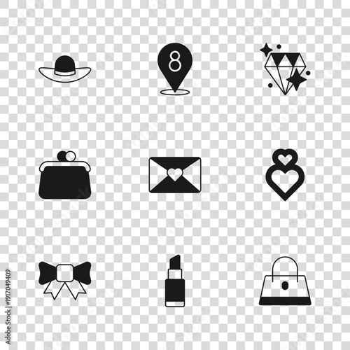 Set Lipstick, Heart, Handbag, Envelope with 8 March, Diamond, Elegant women hat, and icon. Vector
