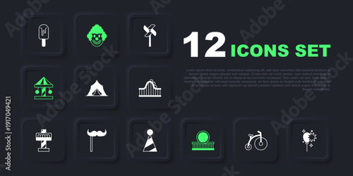 Set Vintage bicycle, Balloons with ribbon, Circus tent, Roller coaster, Attraction carousel, Paper mustache stick, Clown head and Party hat icon. Vector