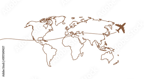 World Map Outline with Airplane Flying on a Travel Route globe earth