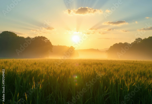 Morning sunlight over countryside field, fresh early summer feel.