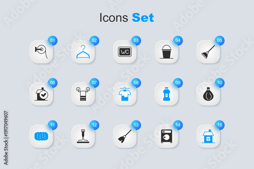 Set Washer, Towel on hanger, Hanger wardrobe, Sponge, House, Garbage bag, Toilet paper roll and Drying clothes icon. Vector
