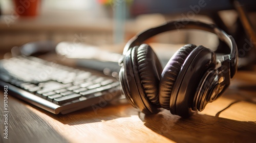 Wallpaper Mural Close-up still life: giant headphones on a keyboard in warm light Torontodigital.ca