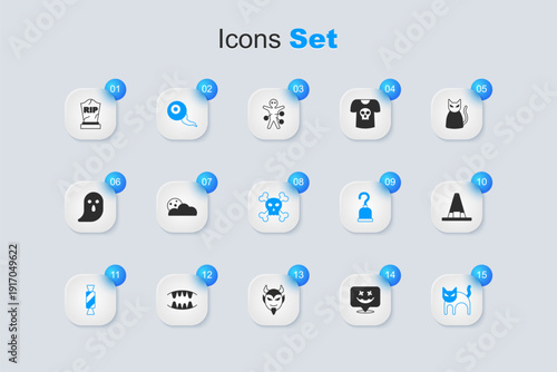 Set Happy Halloween holiday, Moon and stars, Eye, Candy, Black cat, Witch hat, Tombstone with RIP written and Skull crossbones icon. Vector