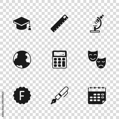 Set Fountain pen nib, Comedy and tragedy masks, School timetable, Calculator, Microscope, Graduation cap, Ruler and Earth globe icon. Vector