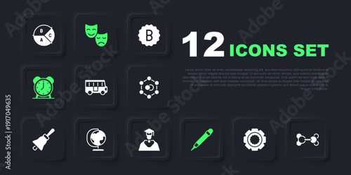Set Gear, Molecule, School Bus, Pencil with eraser, Alarm clock, Earth globe, Comedy and tragedy masks and Graduate graduation cap icon. Vector