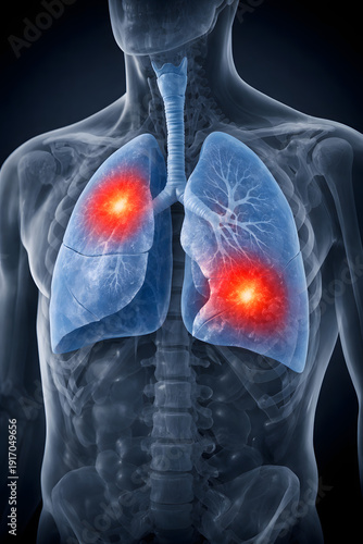 Realistic 3D medical illustration of human lungs inside a transparent torso, showing inflamed areas in red and healthy tissue in blue on a dark gradient background.
