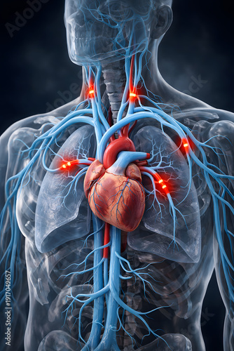 3D medical illustration of the human cardiovascular system with transparent upper body, blue arteries and red narrowed sections, realistic anatomy on dark background.
