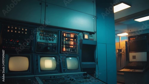 Wallpaper Mural Retro control room with multiple blank monitors, panels of buttons, switches and gauges evoking vintage laboratory and surveillance tech, industrial sci fi command center ambiance Torontodigital.ca