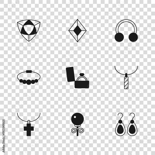 Set Stud earrings, Pendant on necklace, Earrings, Diamond engagement box, Piercing, Gem stone and Bracelet jewelry icon. Vector