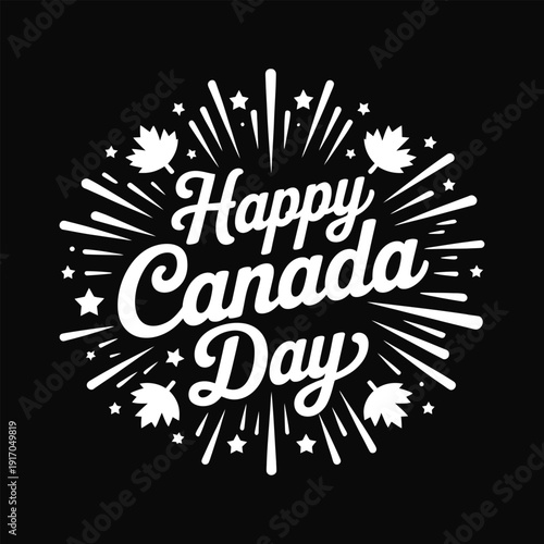 Happy Canada Day celebration graphic with maple leaves and stars on dark background
