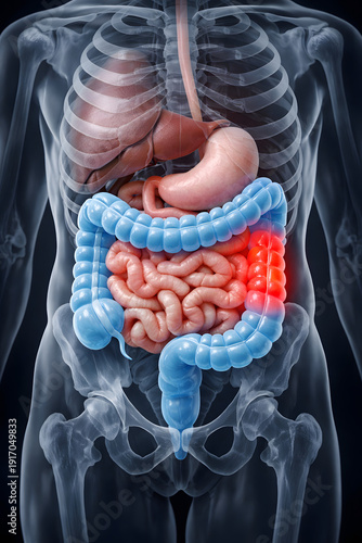 Medical 3D illustration of the human digestive system in a transparent torso, large intestine in blue with a red inflamed colon section, clean clinical style on dark background.