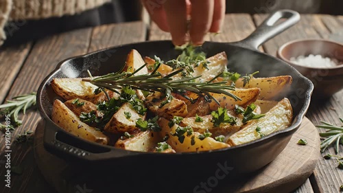 Roasted potatoes in cast iron pan with herbs and seasoning