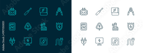 Set line Pliers tool, Smart Tv, Electrician, No lightning, High voltage, Book about electricity, Tee plug and Screwdriver icon. Vector