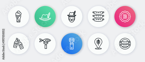 Set line Bottle opener, cap, Beer bottle, Wheat, Sausage, Oktoberfest man, and Dried fish icon. Vector