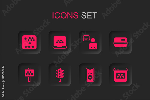 Set Traffic light, Taxi mobile app, call telephone service, Credit card, driver and Road sign for taxi stand icon. Vector