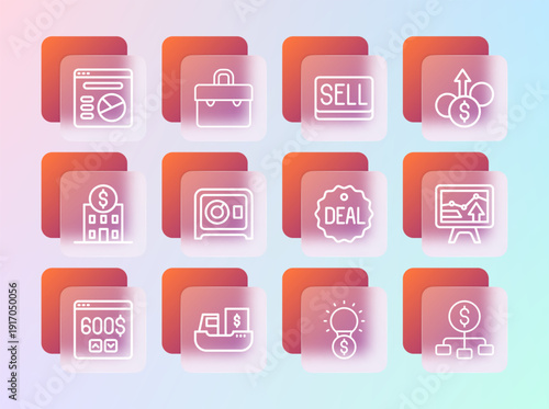 Set line Financial growth dollar, Cargo ship with boxes delivery, Deal, Light bulb, Safe, Sell button, Pie chart infographic and Briefcase icon. Vector