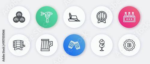 Set line Beer can, Pack of beer bottles, Wooden barrel on rack, Glass, Oktoberfest hat, Bottle cap and mug icon. Vector