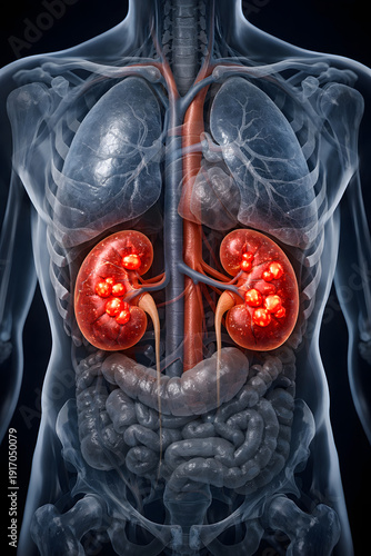 High-detail 3D medical illustration of human kidneys in a transparent torso, kidney stones highlighted in red, realistic anatomy, clean clinical style on a dark background.
