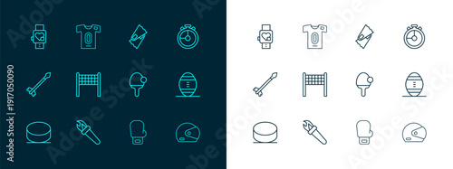 Set line Stopwatch, Torch flame, Racket, Boxing glove, Volleyball net, Flippers for swimming, Smart with heart and Football jersey and t-shirt icon. Vector