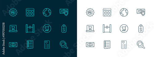 Set line Money with shield, Shopping list, cart, Paper shopping bag, Worldwide, Price tag Sale and Online screen icon. Vector